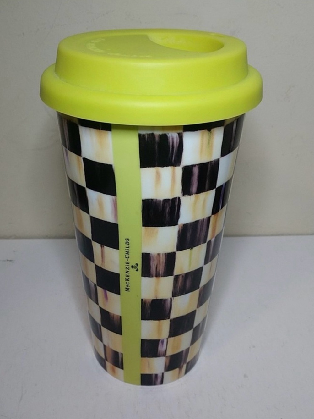 Retired Mackenzie Childs Courtly Check Porcelain Travel Mug New In Box